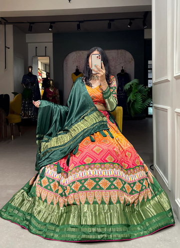 Bandhej Print Pure Gaji Silk Yellow Shaded Lehenga Choli